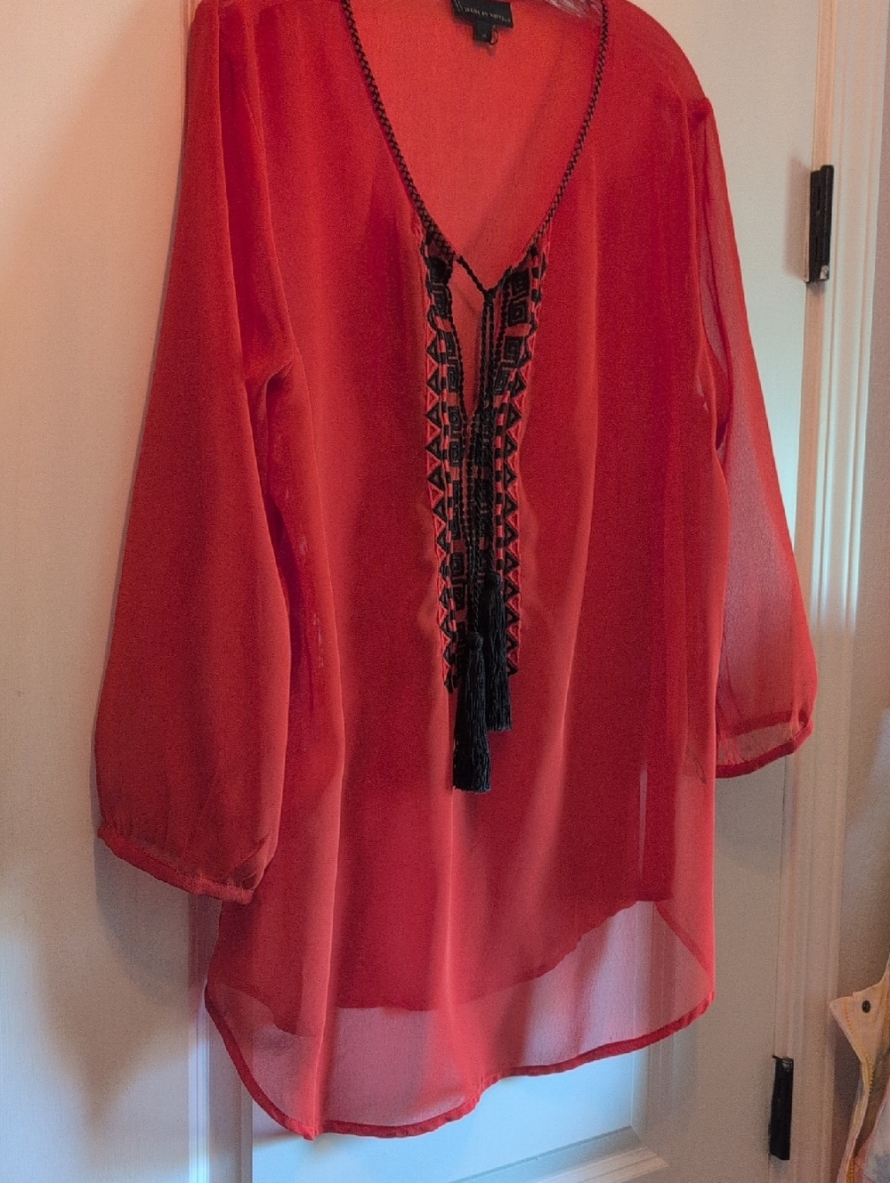 Buffalo David Bitton Red Sheer V-Neck Tunic with Black Tassel Trim